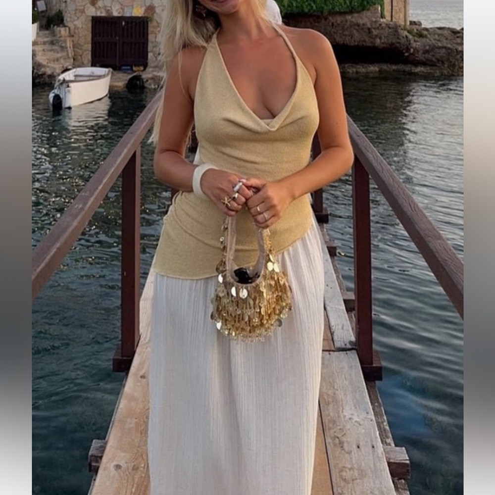 Zara NWT contrasting combination two tone cream and tan maxi halter dress